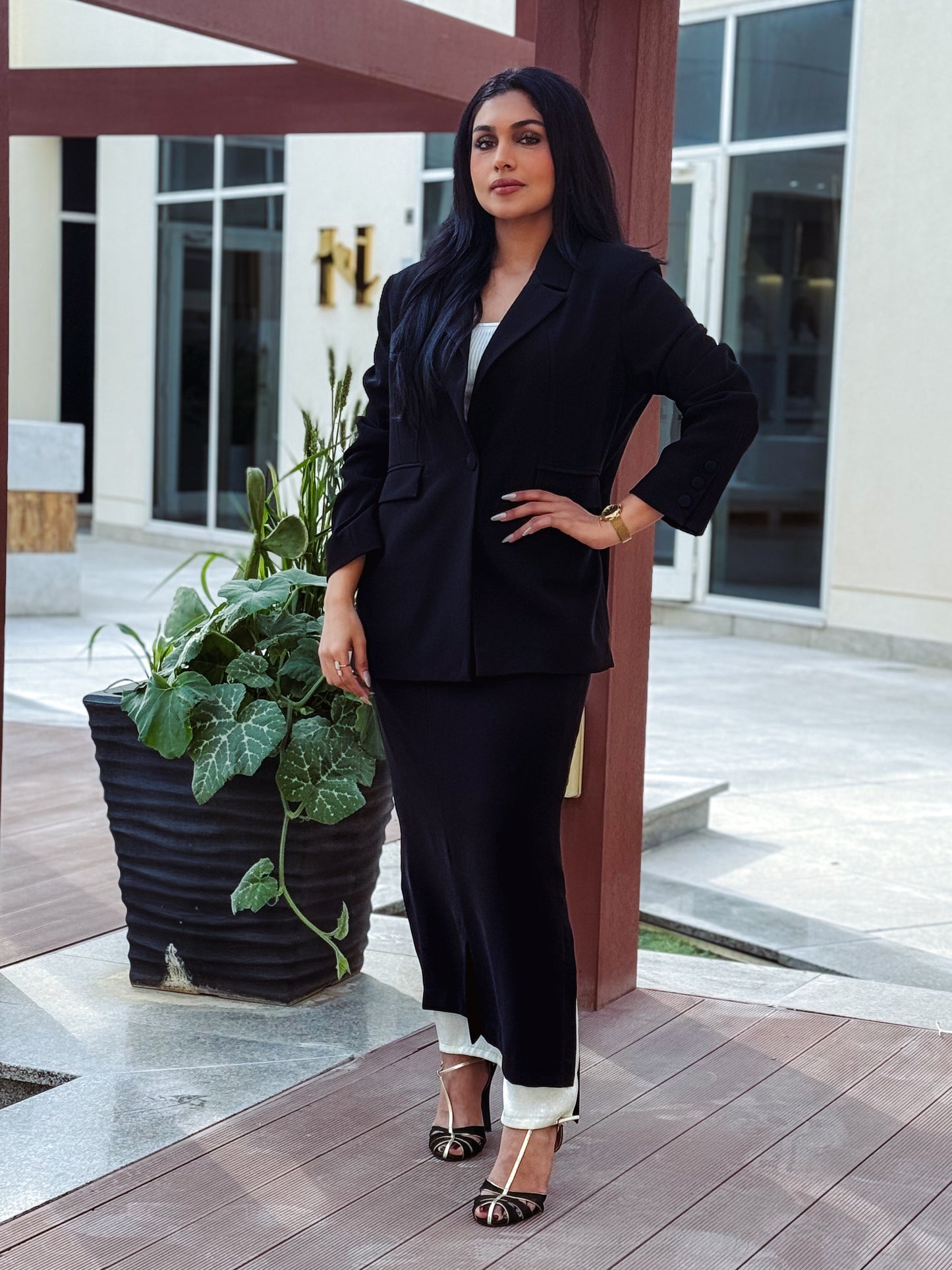 black and white suit